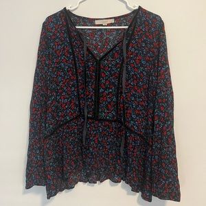 Loft Black, Blue, Red, and Green Floral Long Sleeved Blouse